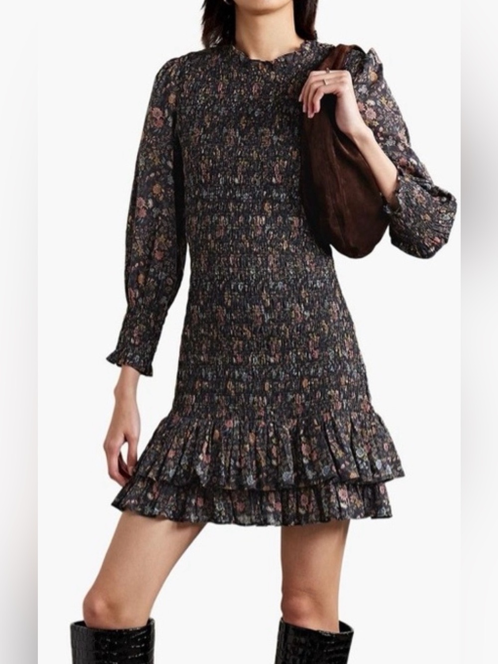 Veronica Beard Farha Smocked Dress All-Over Floral Ruffle Long Sleeve Mini Sz 0